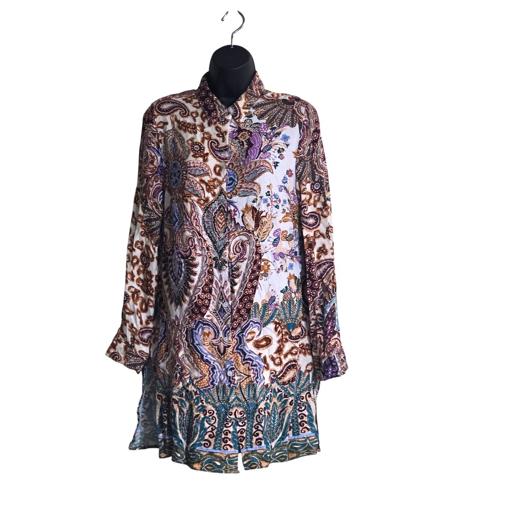 Chicos Womens Paisley Floral Button Down Tunic Long Shirt Multi-Color Sz 0 Small